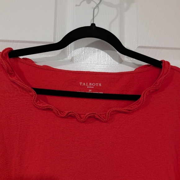 Talbots Woman Red Orange Ruffle Neck Short Sleeve Shirt in Size 2X - Picture 5 of 7